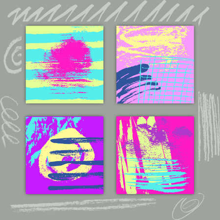 Square Cards Set with Hand Drawn Colorful Texture Creative Template Design Stock Vector Illustrationのイラスト素材