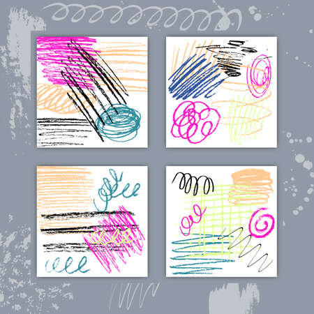 Square Cards Set with Hand Drawn Colorful Texture Creative Template Design Stock Vector Illustration