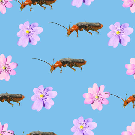 Flowers and Beetles Repeate Pattern Stock Vector