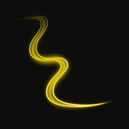 Abstract Illuminated Golden Shiny Waves, Glittering Concept Elements with Dust on a Black  Background. Trendy Gold Sparkle. Template with Effects for Banner, Card, Logo, Poster. Vector Illustrations Design.のイラスト素材