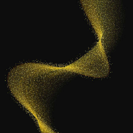 Abstract Brightly Golden Waves, Glittering Concept Ribbon on a Black  Background. Style Abstractness Stripes of Gold. Template with Effects for Banner, Card, Logo, Poster. Vector Illustrations Design.のイラスト素材
