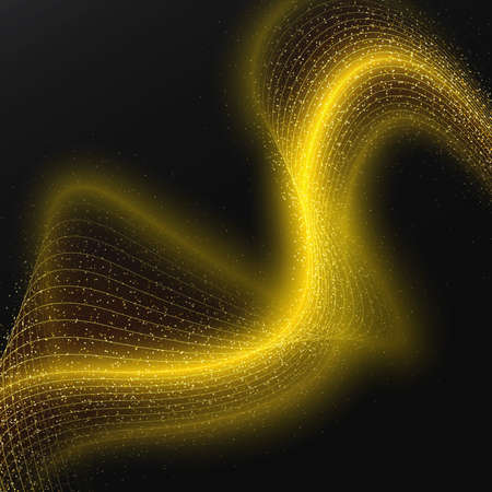 Abstract Brightly Golden Shiny Waves, Glittering Concept Elements on a Black  Background. Trendy Lines of Gold. Template with Effects for Banner, Card, Poster, Print. Vector Illustrations Design.のイラスト素材