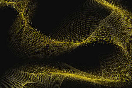 Abstract Golden Waves and Lines, Glittering Concept Ribbon on a Black  Background. Style Abstractness Stripes of Gold. Template with Effects for Banner, Card, Logo, Poster. Vector Illustrations Design.のイラスト素材