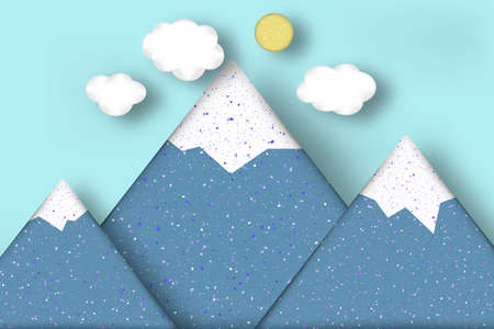 Applique with Cut Mountains, Clouds, Sun Style Paper Origami Craft World. Cutout Template with Concept Elements, Symbols. Modeling Landscape for Banner, Card, Poster. Vector Illustrations Art Design.のイラスト素材