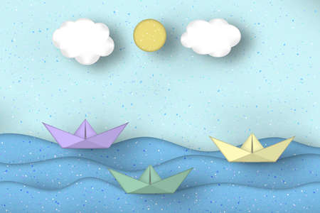 Applique Scene with Cut Boats, Clouds, Sun Style Paper Origami Concept. Modeling Seascape for Cards, Posters. Cutout Template with Elements, Symbols. Vector Illustrations Art Design.のイラスト素材