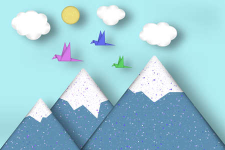 Applique Scene with Cut Birds, Mountains, Clouds, Sun Style Paper Origami Concept. Cutout Made Template with Elements, Symbols. Modeling Landscape for Card, Poster. Vector Illustrations Art Design.のイラスト素材