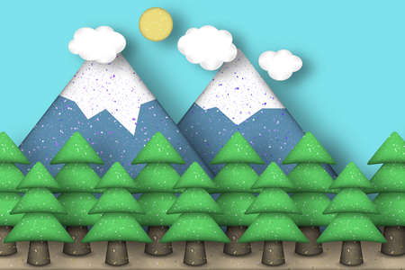 Cut Applique Scene with Pines, Mountains, Clouds, Sun Style Paper Origami Concept. Cutout Template with Elements, Symbols. Modeling Landscape for Card, Poster. Vector Illustrations Art Design.のイラスト素材