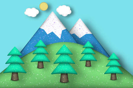 Style Paper Origami Concept: Applique Scene with Cut Pines, Mountains, Clouds, Sun. Cutout Template with Elements, Symbols. Modeling Landscape for Card, Poster. Vector Illustrations Art Design.のイラスト素材