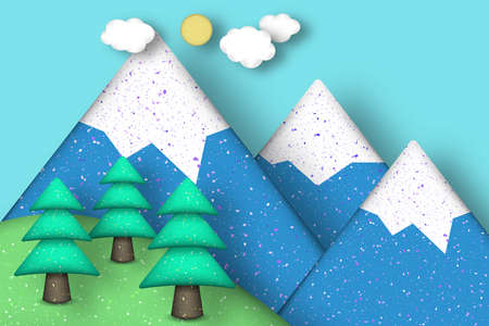 Applique Scene with Cut Pines, Mountains, Clouds, Sun Style Paper Origami Concept. Modeling Landscape for Card, Poster. Cutout Template with Elements, Symbols. Vector Illustrations Art Design.のイラスト素材