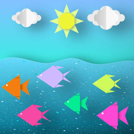 Underwater Paper Word. Undersea Life with Cut Fishes, Clouds, Sun.  Summer Landscape. Cutout Crafted Applique. Vector Illustrations Art Design.のイラスト素材