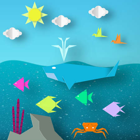 Underwater Paper Word. Undersea Life with Cut Whale, Fishes, Crab, Coral, Clouds, Sun.  Over the Sea Flying Birds. Summer Landscape. Cutout Handmade Applique. Vector Illustrations Art Design.のイラスト素材