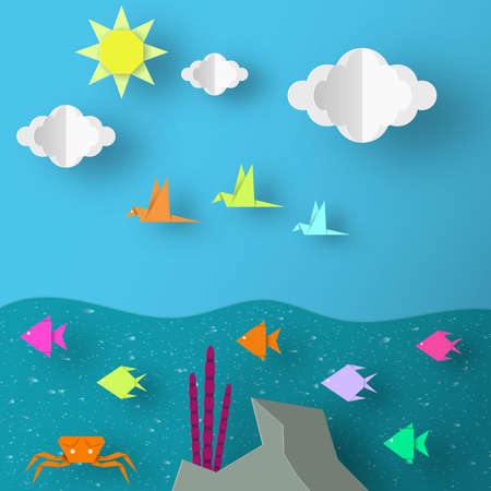 Underwater Paper Word. Undersea Life with Cut Fishes, Crab, Coral, Clouds, Sun.  Over the Sea Flying Birds. Summer Landscape. Cutout Abstract Applique. Vector Illustrations Art Design.のイラスト素材