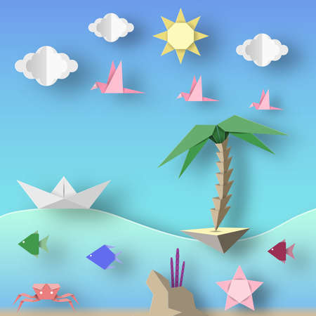 Ship, Island, Birds, Clouds, Sun and Underwater Life. Style Paper Origami Word. Cut Elements and Symbols for Travel Theme. Summer Landscape. Cutout Abstract Applique. Vector Illustrations Art Design.のイラスト素材