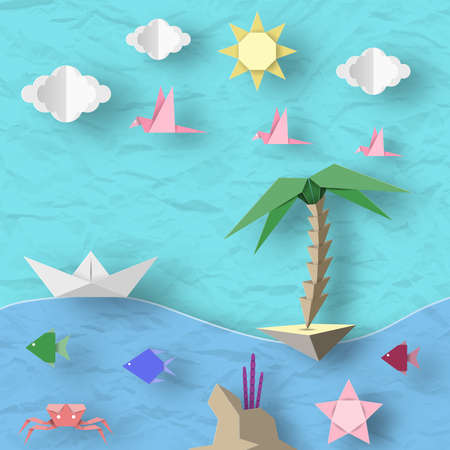 Crafted Ship, Island, Birds, Clouds, Sun and Underwater Animals. Style Paper Origami Word. Cut Elements and Symbols for Travel. Summer Landscape. Cutout Abstract Made. Vector Illustrations Art Design.のイラスト素材