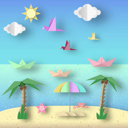 Landscape with Cut Birds, Ships, Palm Tree, Clouds and Sun Style Paper Origami Crafted World. Cutout Made Template with Elements and Symbols for Banner, Card, Poster. Vector Illustrations Art Design.のイラスト素材