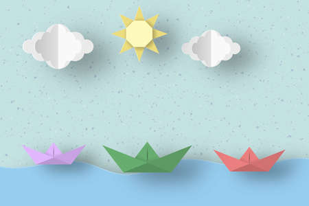 Cut Ships, Clouds, Sun for Paper Origami Concept, Applique Scene. Childish Cutout Template with Elements, Symbols. Toy Landscape for Card, Poster. Vector Illustrations Art Design.のイラスト素材