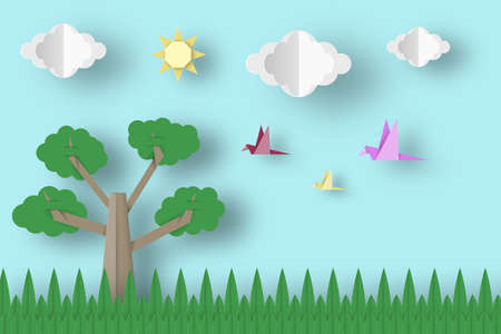 Cut Birds, Tree, Clouds, Sun for Paper Origami Concept, Applique Scene. Childish Cutout Template with Elements, Symbols. Toy Landscape for Card, Poster. Vector Illustrations Art Design.のイラスト素材