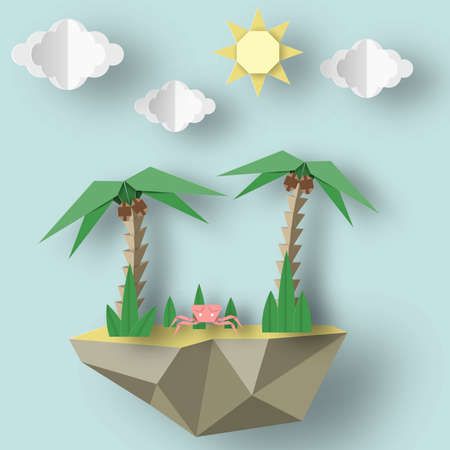 Summer Origami Art Applique. Paper Crafted Cutout World. Composition with Style Elements and Symbols for Summertime. Decoration  Template for Banner, Card, Logo, Poster. Design Vector Illustrations.のイラスト素材