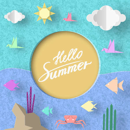 Hello Summer. Paper Seasonal Symbols, Sign and Elements with Text illustrate the Greeting of the Summertime. Fashion Background. Template for Banner, Card, Logo, Poster. Design Vector Illustrations.のイラスト素材