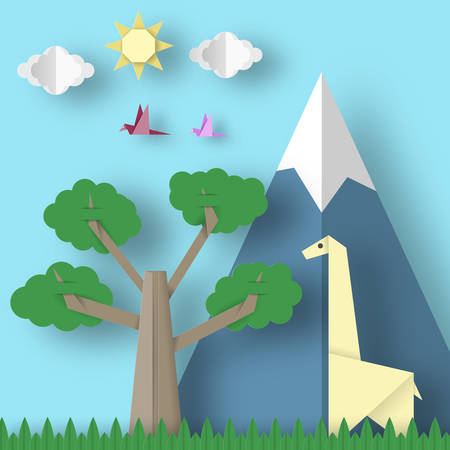 Cut Giraffes, Mountains, Tree, Clouds, Sun for Paper Origami Concept, Applique Scene. Childish Cutout Template with Elements, Symbols. Toy Landscape for Card, Poster. Vector Illustrations Art Design.のイラスト素材