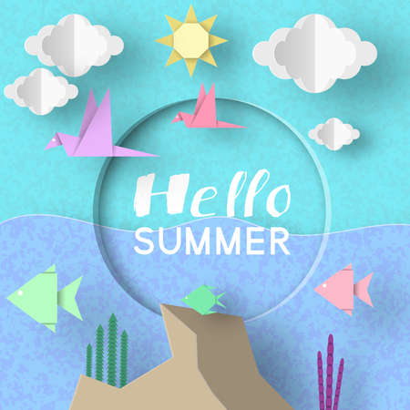 Hello Summer. Paper Applique Symbols, Sign and Objects with Text illustrate the Greeting of the Summertime. Art Background. Template for Banner, Card, Logo, Poster, Label. Design Vector Illustrations.のイラスト素材