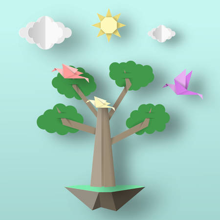 Cut Birds, Tree, Clouds, Sun for Paper Origami Concept, Applique Scene. Childish Cutout Template with Elements, Symbols. Toy Landscape for Card, Poster. Vector Illustrations Art Design.のイラスト素材
