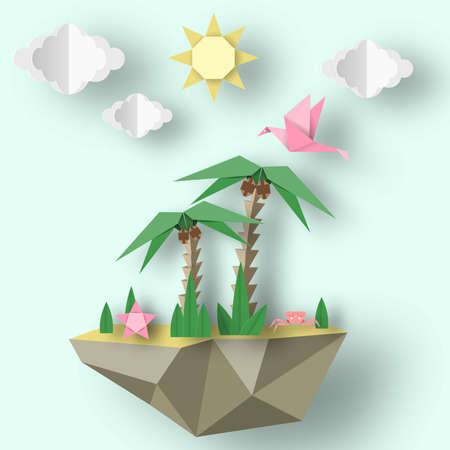 Summer Origami Art Applique. Paper Crafted Cutout World. Decoration Template for Banner, Card, Logo, Poster. Composition with Style Elements and Symbols for Summertime. Design Vector Illustrations.のイラスト素材
