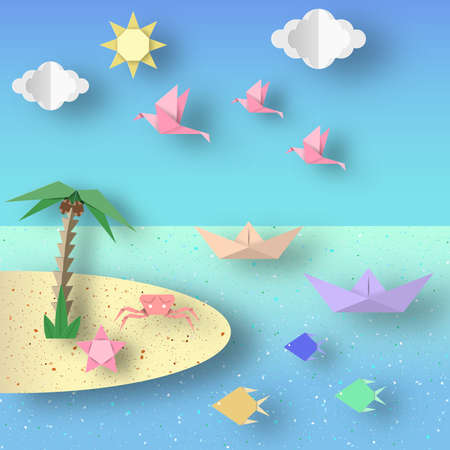 Summer Origami Sea Art Applique. Paper Crafted Cutout World. Composition with Style Elements and Symbols of Summertime. Decoration Template for Banner, Card, Logo, Poster. Design Vector Illustrations.のイラスト素材
