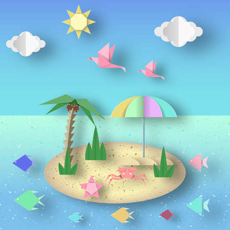 Summer Origami Fun Art Applique. Paper Crafted Cutout World. Composition with Style Elements and Symbols of Summertime. Decoration Template for Banner, Card, Logo, Poster. Design Vector Illustrations.のイラスト素材