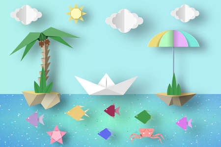 Summer Origami Fun Art Applique. Paper Crafted Cutout World. Composition with Style Elements and Symbols for Landscape. Decoration Template for Banner, Card, Logo, Poster. Design Vector Illustrations.のイラスト素材