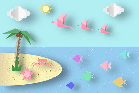 Summer Origami Fun Art Applique. Paper Crafted Cutout World. Composition with Style Elements and Symbols for Landscape. Beautiful Template for Banner, Card, Logo, Poster. Design Vector Illustrations.のイラスト素材