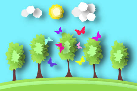 Countryside Paper World. Rural Life with Cut, Field, Trees, Clouds, Sun. Over the Meadow Flying Butterflies. Summer Landscape. Cutout Applique. Hanging Elements. Vector Illustrations Art Design.のイラスト素材