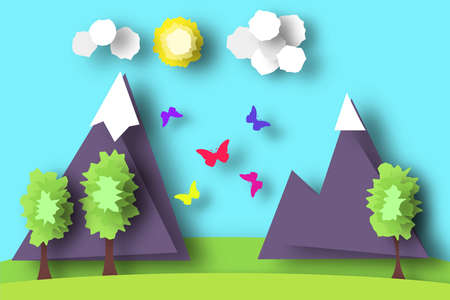 Mountain Scene Paper World. Rural Life with Cut, Field, Trees, Clouds, Sun. Over the Meadow Flying Butterflies. Summer Landscape. Cutout Applique. Hanging Elements. Vector Illustrations Art Design.のイラスト素材