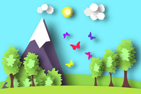 Hill Scene Paper World. Rural Life with Cut, Meadow, Trees, Clouds, Sun. Over the Field Flying Butterflies. Summer Landscape. Cutout Applique. Hanging Elements. Vector Illustrations Art Design.のイラスト素材