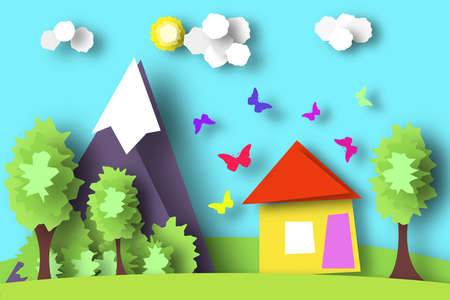 Village Scene Paper World. Rural Life with Cut Butterflies, House, Tree, Cloud, Sun. Colorful Crafted Countryside. Summer Landscape. Cutout Applique. Hanging Elements. Vector Illustrations Art Design.のイラスト素材