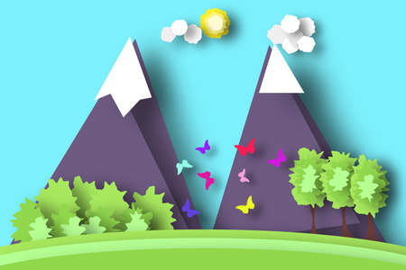 Cut Birds, Ships, Palm Tree, Clouds and Sun Style Paper Origami Crafted World. Cutout Made Template with Elements and Symbols. Landscape for Banner, Card, Poster. Vector Illustrations Art Design.のイラスト素材