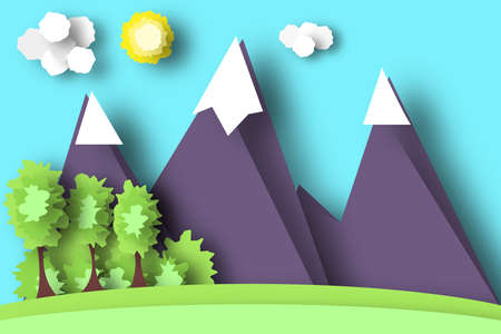 Mountain Scene Paper World. Rural Life with Cut, Meadow, Trees, Clouds, Sun. Colorful Crafted Countryside. Summer Landscape. Cutout Applique. Hanging Elements. Vector Illustrations Art Design.のイラスト素材