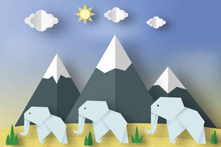 Paper Origami Concept, Applique Scene with Cut Elephants, Mountains, Clouds, Sun. Childish Cutout Template with Elements, Symbols. Toy Landscape for Card, Poster. Vector Illustrations Art Design.