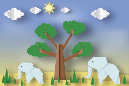 Paper Origami Concept, Applique Scene with Cut Elephants, Tree, Clouds, Sun. Childish Cutout Template with Elements, Symbols. Toy Landscape for Card, Poster. Vector Illustrations Art Design.のイラスト素材