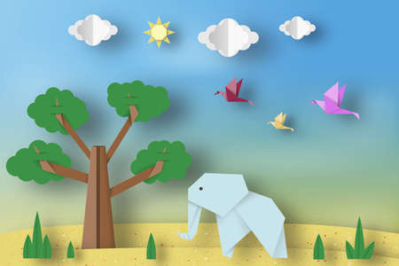 Paper Origami Concept, Applique Scene with Cut Elephants, Birds, Tree, Clouds, Sun. Childish Cutout Template with Elements, Symbols. Toy Landscape for Card, Poster. Vector Illustrations Art Design.のイラスト素材