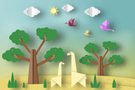 Paper Origami Concept, Applique Scene with Cut Giraffes, Birds, Tree, Clouds, Sun. Childish Cutout Template with Elements, Symbols. Toy Landscape for Card, Poster. Vector Illustrations Art Design.のイラスト素材