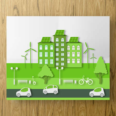 Paper Ecology Green Concept of City Life with Cut Tree, Building, Automobile. Bike and GyroScooter ride in the Eco Park. Cutout Plan Template for Banner, Card, Poster. Vector Illustrations Art Design.のイラスト素材