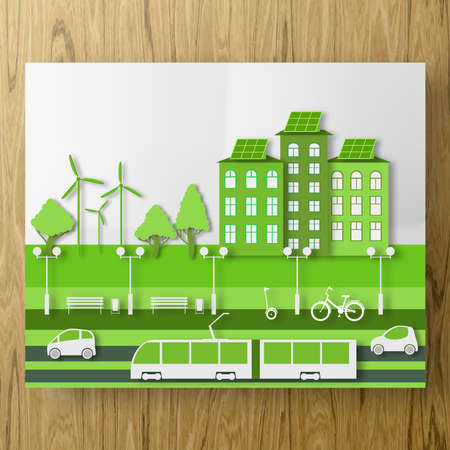 Paper Ecology Concept of City Life with Cut Tree, Building, Automobile, Tram. Bike and GyroScooter ride in the Eco Park. Cutout Plan Template for Banner, Card, Poster. Vector Illustrations Art Design.のイラスト素材