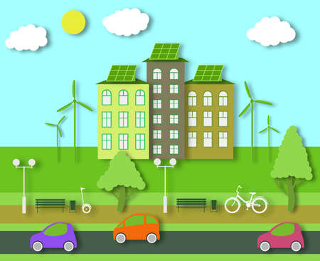 Paper Ecology Concept. City Life with Cut Trees, Buildings, Automobiles. Bike and GyroScooter near the Bench in the Eco Park. Cutout Template for Banner, Card, Poster. Vector Illustrations Art Design.のイラスト素材