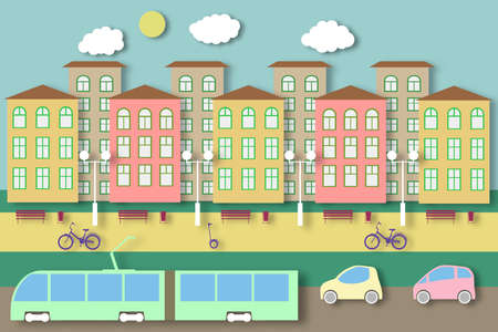 Ecology Nature Concept. City Life with Cut Paper Tree, Building, Automobile, Tram. Eco Environment with Bike and GyroScooter. Cutout Template for Banner, Card, Poster. Vector Illustrations Art Design.のイラスト素材