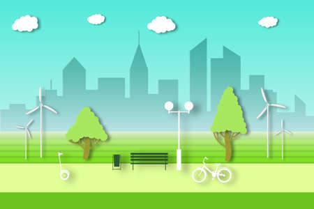 Eco Environment Ecology Concept. City Life with Cut Paper Trees, Buildings, Wind Farm. Earth lifestyle. Bike and GyroScooter in the Park. Template for Banner, Card. Vector Illustrations Art Design.のイラスト素材