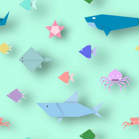 Origami Style Crafted out of Paper with Cut Animals. Abstract Scene Underwater Life. Seamless Pattern: Under the Water Cutout Elements, Symbols for Fabric, Textile. Vector Illustrations Art Design.のイラスト素材