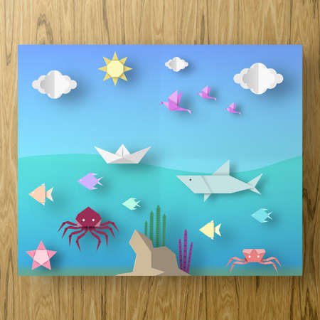 Poster with Cut Starfish, Birds, Fish, Sun, Sky Style Paper Crafted Origami. Abstract Underwater Life. Publish Template Under the Water with Cutout Elements, Symbols. Vector Illustrations Art Design.のイラスト素材