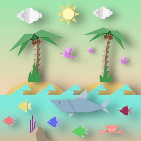 Origami Style Crafted out of Paper with Cut Birds, Crab, Shark, Fish, Sun, Sky. Abstract Underwater Life. Template Under the Water with Cutout Elements, Symbols. Vector Illustrations Art Design.のイラスト素材