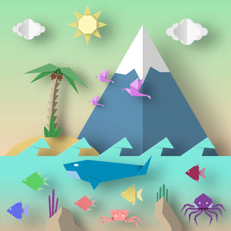 Origami Style Crafted out of Paper with Cut Birds, Whale, Crab, Octopus, Fish, Sun, Sky. Abstract Underwater Life. Template Under the Water Cutout Elements, Symbols. Vector Illustrations Art Design.のイラスト素材